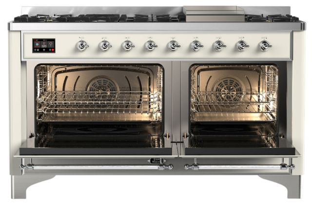 Ilve® Majestic III 60" Antique White Pro Style Dual Fuel Liquid Propane Range with Triple Glass Door and Chrome Trim-1