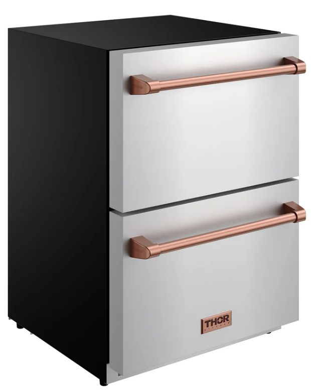 Thor Kitchen® Gordon Ramsay 24" 5.4 Cu. Ft. Stainless Steel Under-Counter Outdoor Freestanding Freezer Drawer with Rose Gold Handle-2