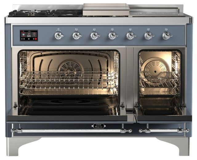 Ilve® Majestic III 48" Blue Gray Pro Style Dual Fuel Natural Gas Range with 5 Black Brass Burners and Chrome Trim-1