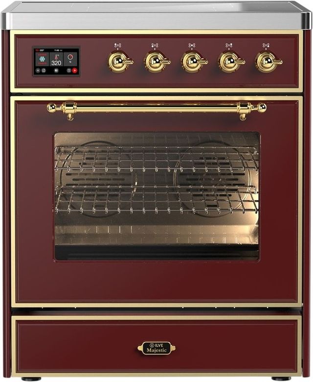 Ilve® Majestic III 30" Burgundy Pro Style Induction Range with Triple Glass Door and Brass Trim-0