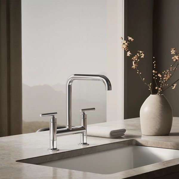 KOHLER® Purist® Polished Chrome 2-Hole Bridge Kitchen Sink Faucet-1