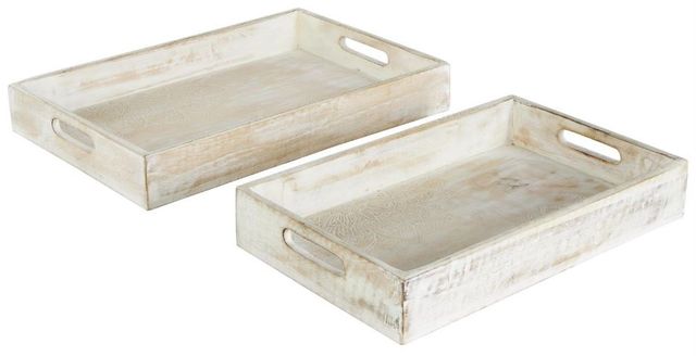 Deco Marche 2-Piece Cream Wood Tray with Carved Mandala Interior Set-2