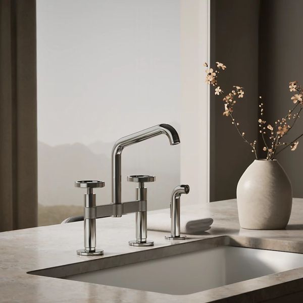 KOHLER® Billet® Vibrant Titanium 2-Hole Bridge Kitchen Sink Faucet with Side Sprayer and Round Handles-1