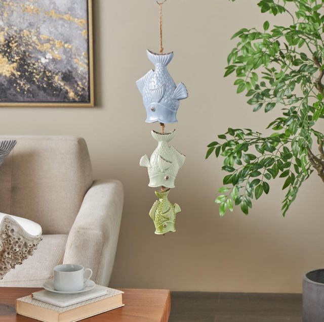 Deco Marche Multi-Colored Ceramic Fish Windchime with Brown Rope-3