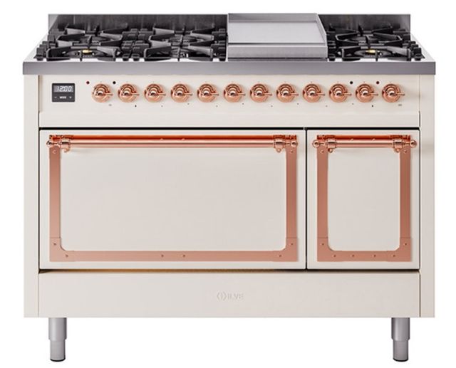 Ilve® Nostalgie II Noblesse 48'' Antique White Pro Style Dual Fuel Range with Copper Trim-0