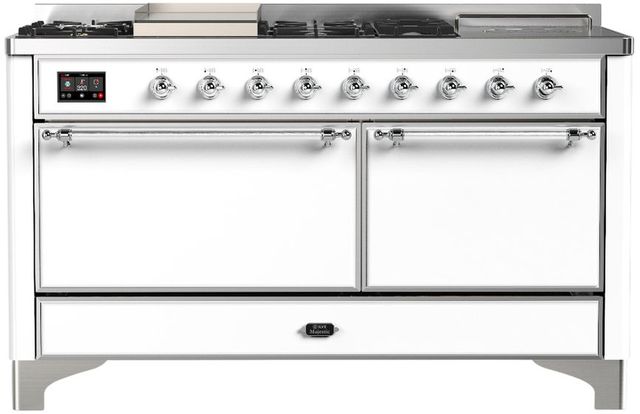 Ilve® Majestic III 60'' White Pro Style Dual Fuel Natural Gas Range with Solid Door and Chrome Trim-0