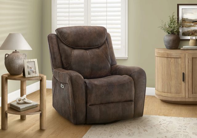 Monarch Specialties Inc. Brown Faux Leather Power Swivel Glider Reclining Chair with USB Ports-1