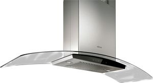 Front view of the Elica Techne Series Cingoli 36" Stainless Steel with Black Glass Island Range Hood