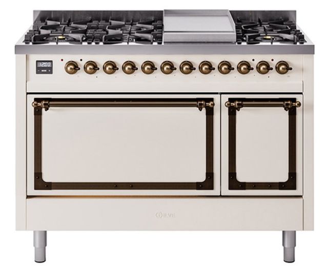 Ilve® Nostalgie II Noblesse 48'' Antique White Pro Style Dual Fuel Range with Burnished Trim-0