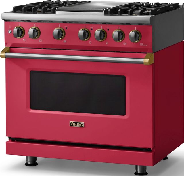 Viking® 5 Series 36" Valentine Pro Style Dual Fuel (LP) Range with Brushed Brass Trim-3