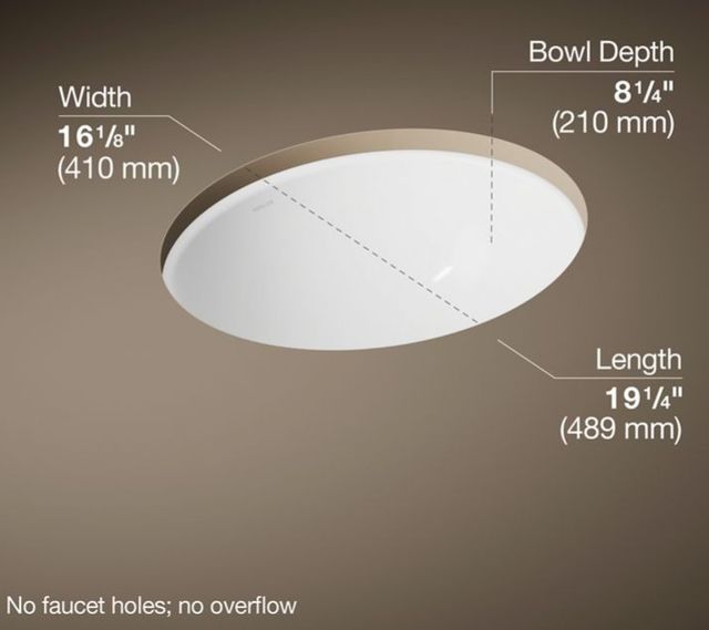 Kohler Caxton® White 19.25" Oval Undermount Bathroom Sink, No Overflow-3