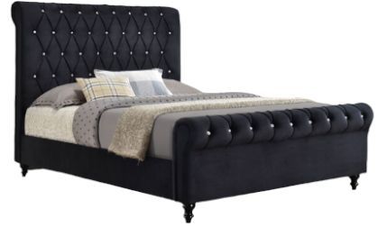 Milton Greens Stars Black Full Velvet Rolled Top Tufted Platform Bed-0