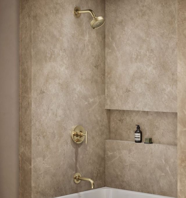 KOHLER® Purist® Rite-Temp® Vibrant French Gold .38" Bath and Shower Trim Kit with Push-Button Diverter and Lever Handle-1