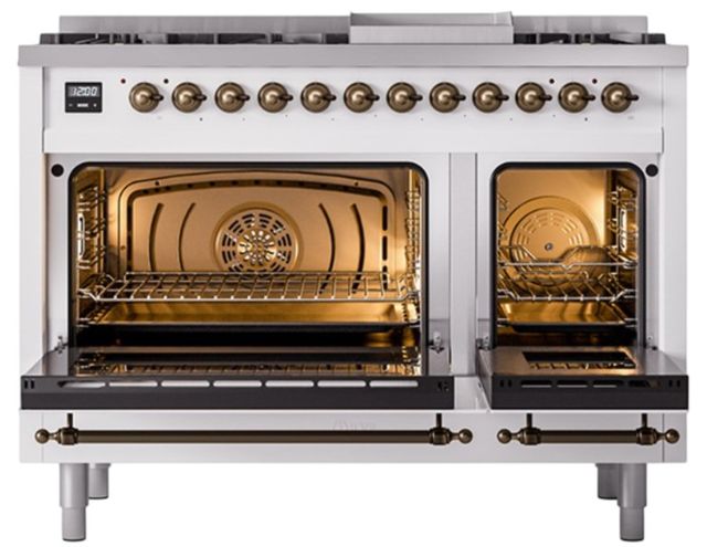 Ilve® Nostalgie II Noblesse 48'' White Pro Style Dual Fuel Range with Burnished Trim-1