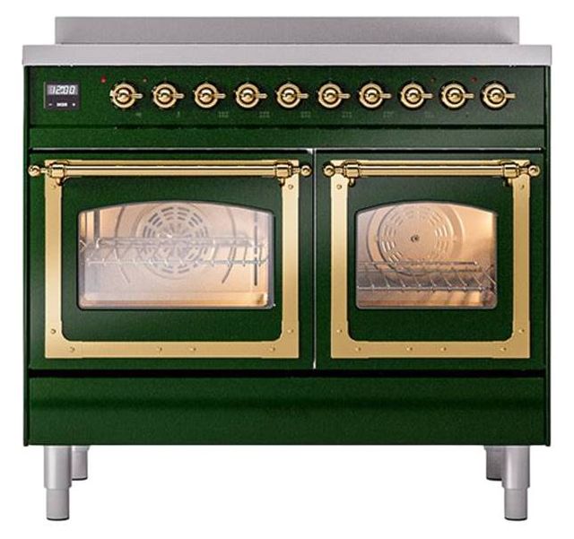 Ilve® Nostalgie II Noblesse 40'' Emerald Green Pro Style Induction Range with Brass Trim-1