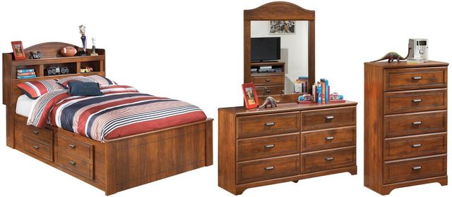 Signature Design by Ashley® Barchan 4-Piece Medium Brown Full Bookcase Bed with 4 Storage Drawers with Mirrored Dresser and Chest Set-0