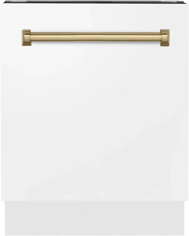 ZLINE Autograph Edition Tallac 24" White Matte Top Control Built In Tall Tub Dishwasher with Champagne Bronze Handle-0