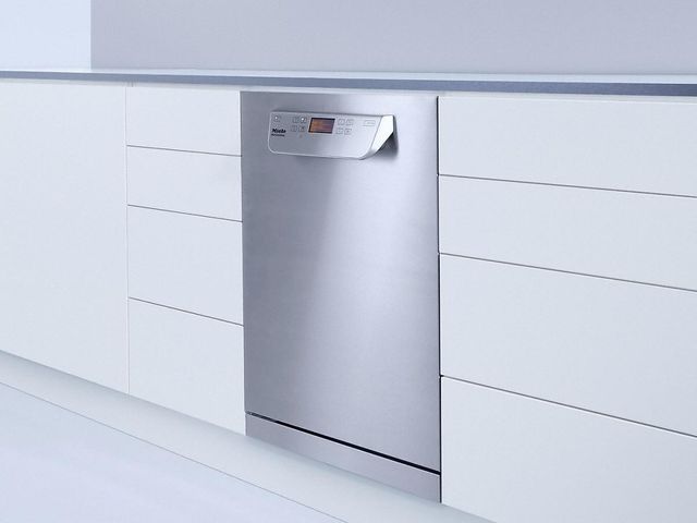 front view of a stainless steel miele dishwasher