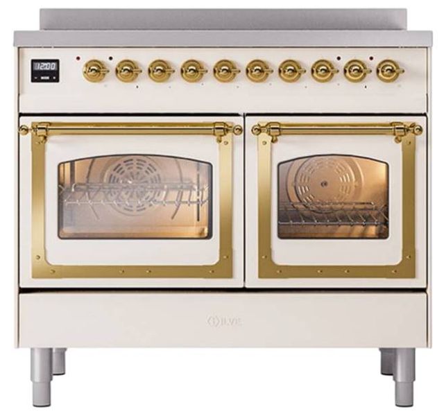 Ilve® Nostalgie II Noblesse 40'' Antique White Pro Style Induction Range with Brass Trim-1