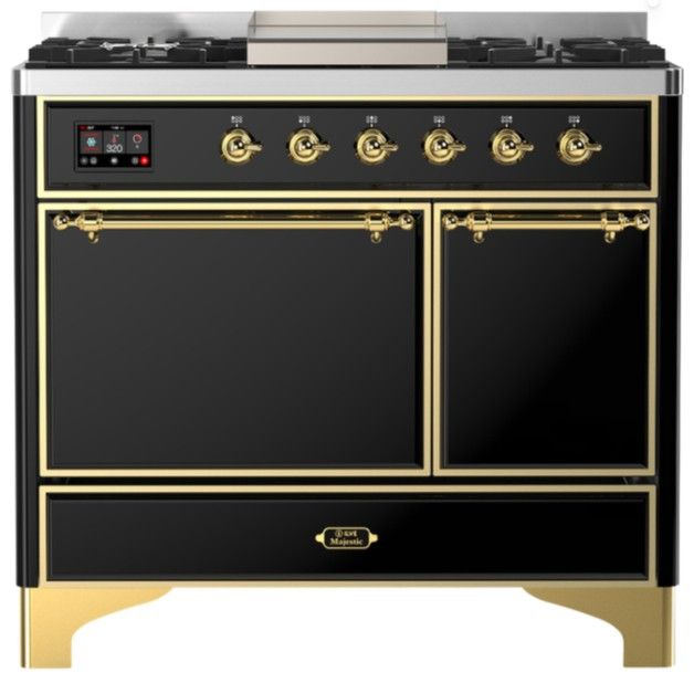 Ilve® Majestic III 40" Glossy Black Pro Style Dual Fuel Liquid Propane Range with Solid Door and Brass Trim-0