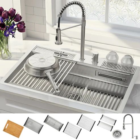 Forno Acqua MultiSINK Stainless Steel 33" Dual Mount 3-Level Workstation Sink with Faucet, Waterfall and Glass Rinser-0