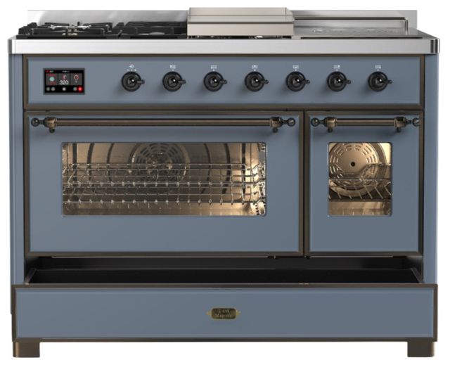 Ilve® Majestic III 48" Blue Gray Pro Style Dual Fuel Natural Gas Range with 5 Black Brass Burners and Burnished Trim-2