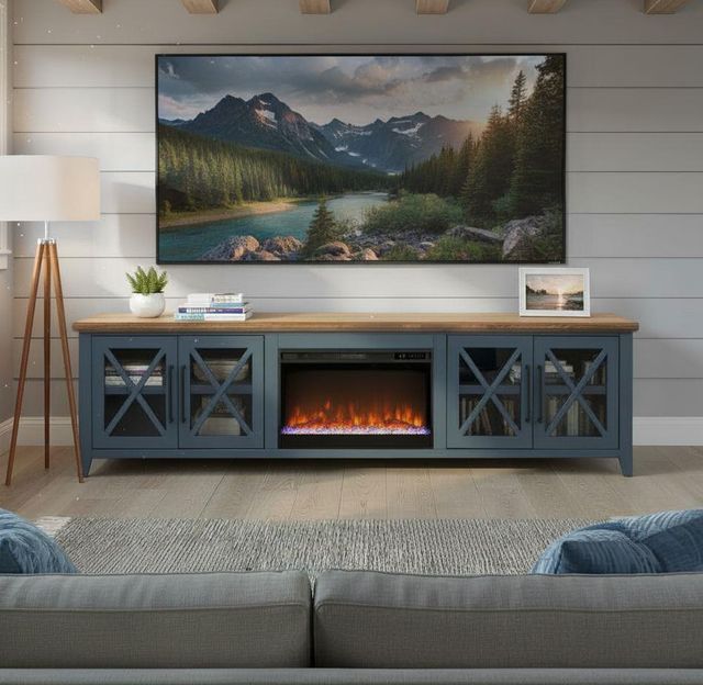 Legends Home Ithaca Blue Denim/Bourbon 96" Fireplace Console-1