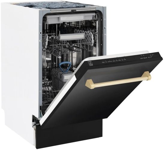 ZLINE Autograph Edition 18" Black Stainless Steel Top Control Built In Dishwasher with Polished Gold Handle-3