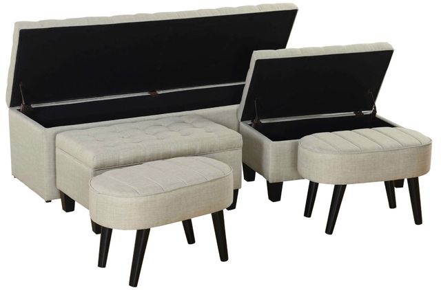 Stylecraft 5-Piece Light Gray Linen Storage Bench with Round Ottoman Set-1