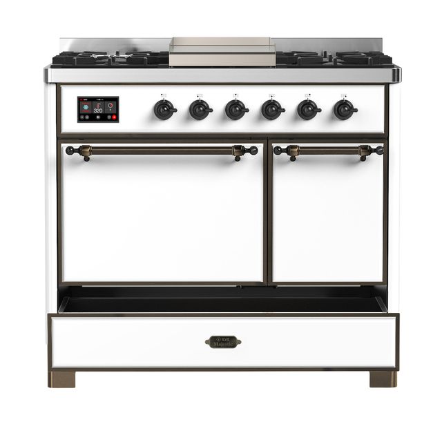 Ilve® Majestic III 40" White Pro Style Dual Fuel Liquid Propane Range with Solid Door and Burnished Trim-1