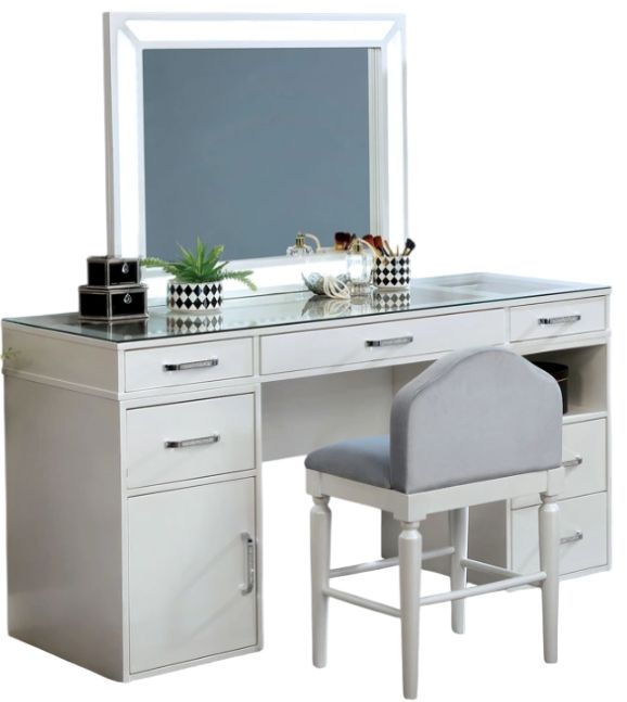 grey vanity dresser Snhomee Vanity Desk with LED Mirror,with 5 Drawers & 2 RGB Glass Cabinets, Power Outlet & Adjustable Shelves,Ideal for Bedroom or Dressing Room Dark main image 1