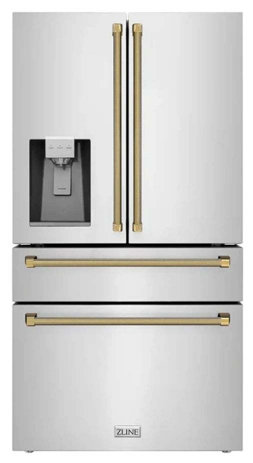 ZLINE Autograph Edition 36" 21.6 Cu. Ft. Stainless Steel Counter-Depth French Door Refrigerator with Water and Ice Maker in Fingerprint-Resistant and Polished Gold Helix Handles-0