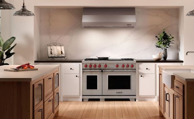 front view of a wolf pro gas range in a modern kitchen