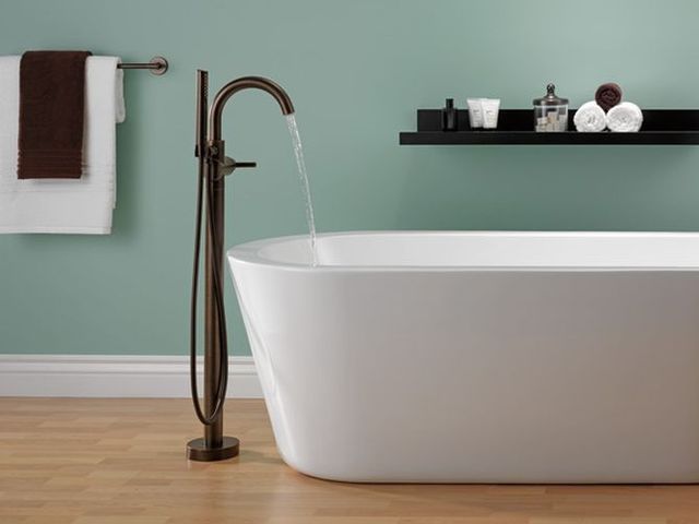 Delta Trinsic® Venetian Bronze Single Handle Floor Mount Tub Filler Trim with Hand Shower-4
