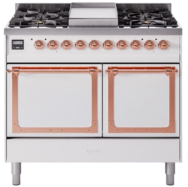 Ilve® Nostalgie II Noblesse 40'' White Pro Style Dual Fuel Range with Copper Trim-0