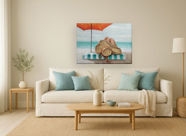 Classy Living Adventurous Seaside Serenity Under Orange Umbrella Wall Art-1