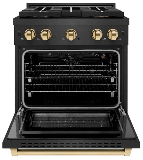 ZLINE Autograph Edition Paramount 30" 4.2 Cu. Ft. Black Satin Stainless Steel Gas Range with 4 Burner DuoPro™ Cooktop and Convection Gas Oven with Polished Gold Accents-1