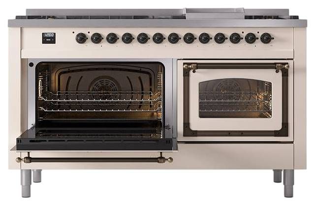 Ilve® Nostalgie II Noblesse 60'' Antique White Pro Style Dual Fuel Range with Burnished Trim-3