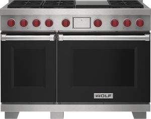 front view of the Wolf® 48" Black Freestanding Dual Fuel Range