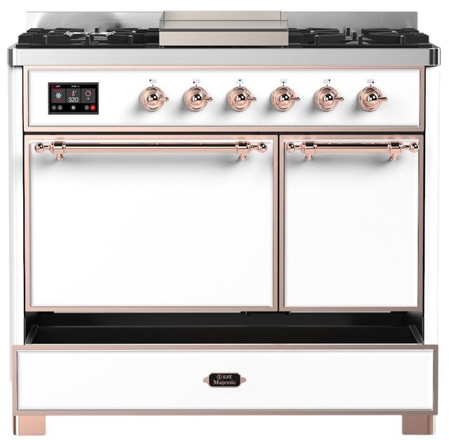 Ilve® Majestic III 40" White Pro Style Dual Fuel Liquid Propane Range with Solid Door and Copper Trim-2