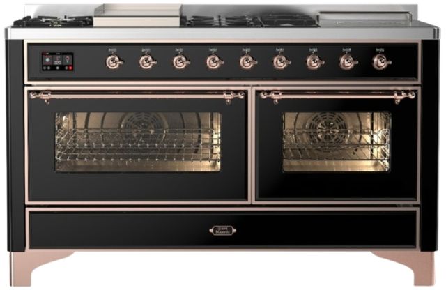 Ilve® Majestic III 60" Glossy Black Pro Style Dual Fuel Liquid Propane Range with French Top and Copper Trim-0