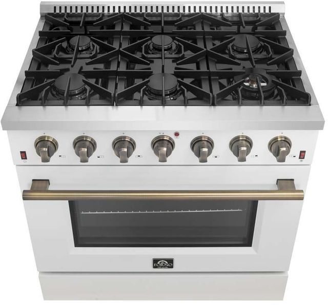 FORNO® Galiano 36" Stainless Steel Pro Style Gas Range with White Door and Antique Brass Accents-3