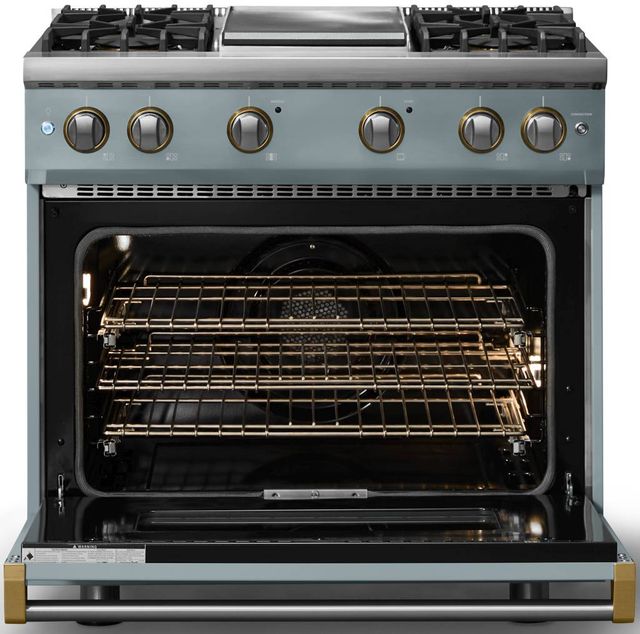 Viking® 5 Series 36" Novembery Sky Pro Style Gas (NG) Range with Brushed Brass Trim-1