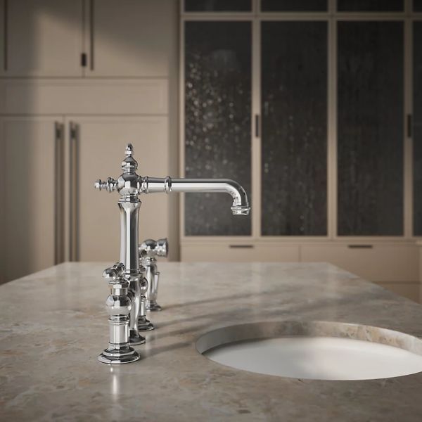 KOHLER® Artifacts® Polished Chrome 3-Hole Bridge Bar Sink Faucet with Side Sprayer-4
