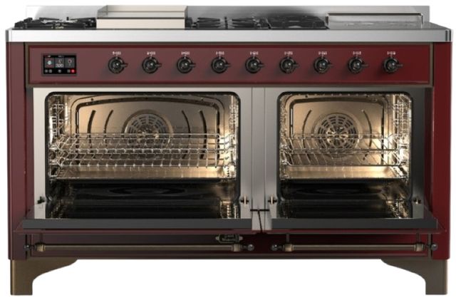 Ilve® Majestic III 60" Burgundy Pro Style Dual Fuel Liquid Propane Range with French Top and Burnished Trim-1