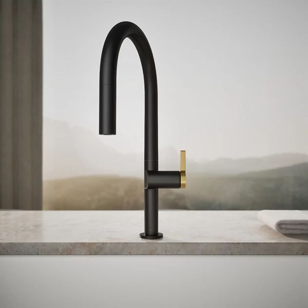 KOHLER® Components® Matte Black/Brushed Moderne Brass Pull-Down Kitchen Sink Faucet with 2-Function Sprayhead-3