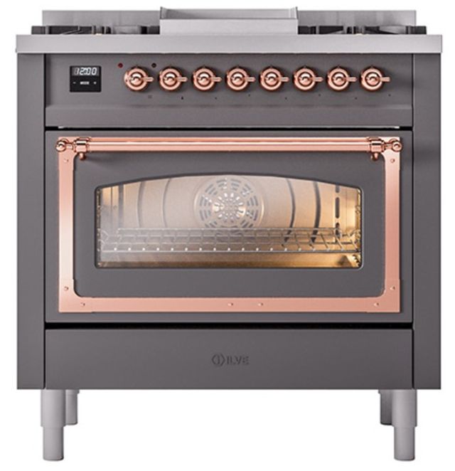 Ilve® Nostalgie II Noblesse 36'' Graphite Matte Pro Style Dual Fuel Range with Copper Trim-1