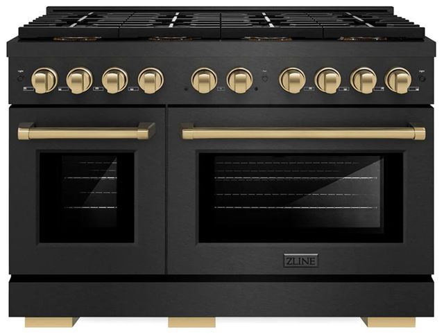 ZLINE Autograph Edition Paramount 48" 6.7 Cu. Ft. Black Satin Stainless Steel Gas Range with 8 Burner DuoPro™ Cooktop and Dual Oven with Polished Gold Accent-0