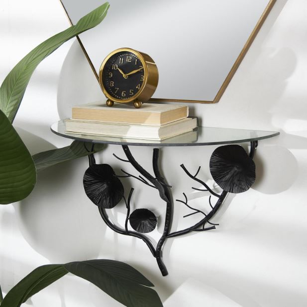 Deco Marche Black Metal Floral Branch Wall Shelf with Glass Top-4