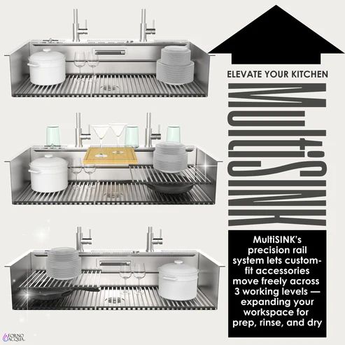 Forno Acqua MultiSINK Stainless Steel 45" Dual Mount 3-Level Workstation Sink with 2 Faucets and Glass Rinser-4